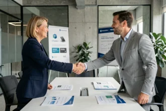 Deux professionnels scellant un accord de co-branding autour d'une table de conférence avec des supports marketing partagés