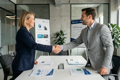 Deux professionnels scellant un accord de co-branding autour d'une table de conférence avec des supports marketing partagés