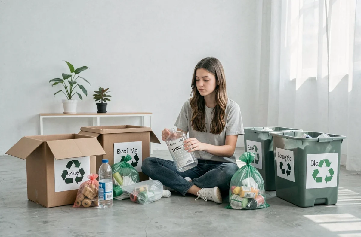 Adolescente triant les déchets recyclables dans un salon minimaliste, pratiquant un comportement écologique responsable à la maison