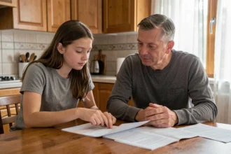 Une adolescente et son beau-père examinent ensemble des documents officiels dans une cuisine familiale, illustrant la démarche d'adoption par le beau-père