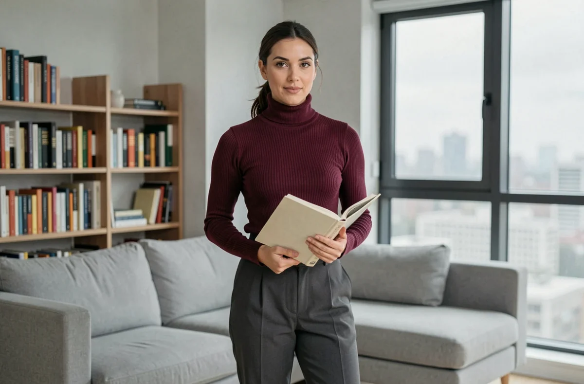 Adulte à présentation féminine posant avec assurance dans un appartement moderne, représentant l'identité et l'orientation gynosexuelle