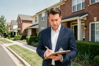 Agent immobilier professionnel évaluant une maison résidentielle moderne avec des documents sur clipboard lors d'une estimation immobilière