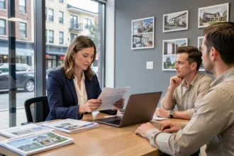 Agent immobilière professionnelle présentant des documents de vente à un couple de clients dans une agence immobilière moderne