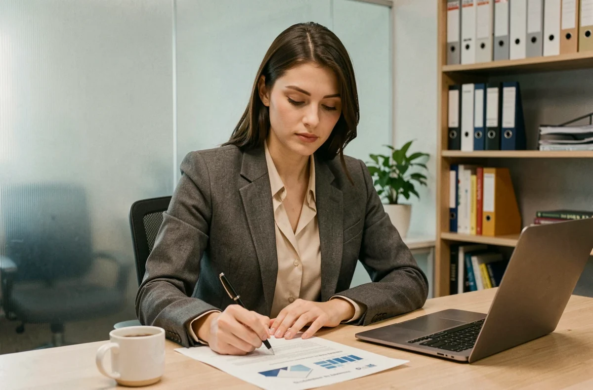 Professionnelle analysant un document de stratégie d'entreprise à son bureau dans un bureau moderne