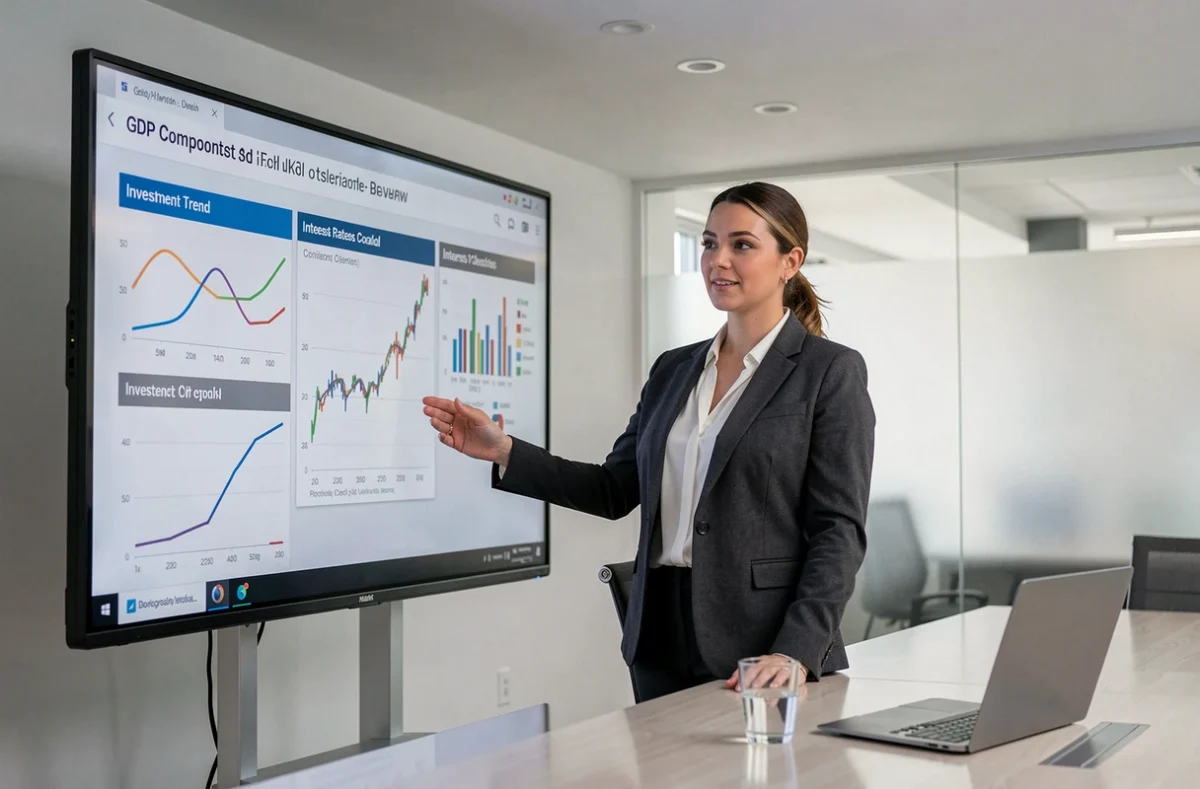 Analyste financière présentant les composantes du PIB affectées par les taux d'intérêt sur un écran interactif