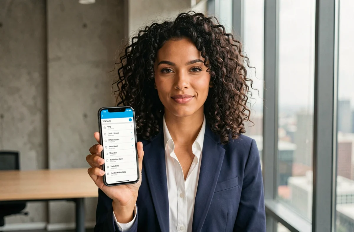 Femme consultant une application VPN sur smartphone pour choisir un serveur dans un pays spécifique