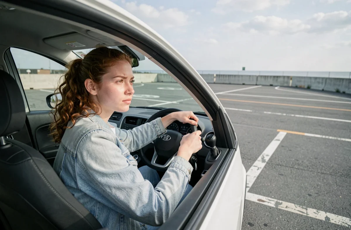Jeune femme en phase d'apprentissage de la conduite automatique sur un terrain d'entraînement, main sur le sélecteur de vitesses