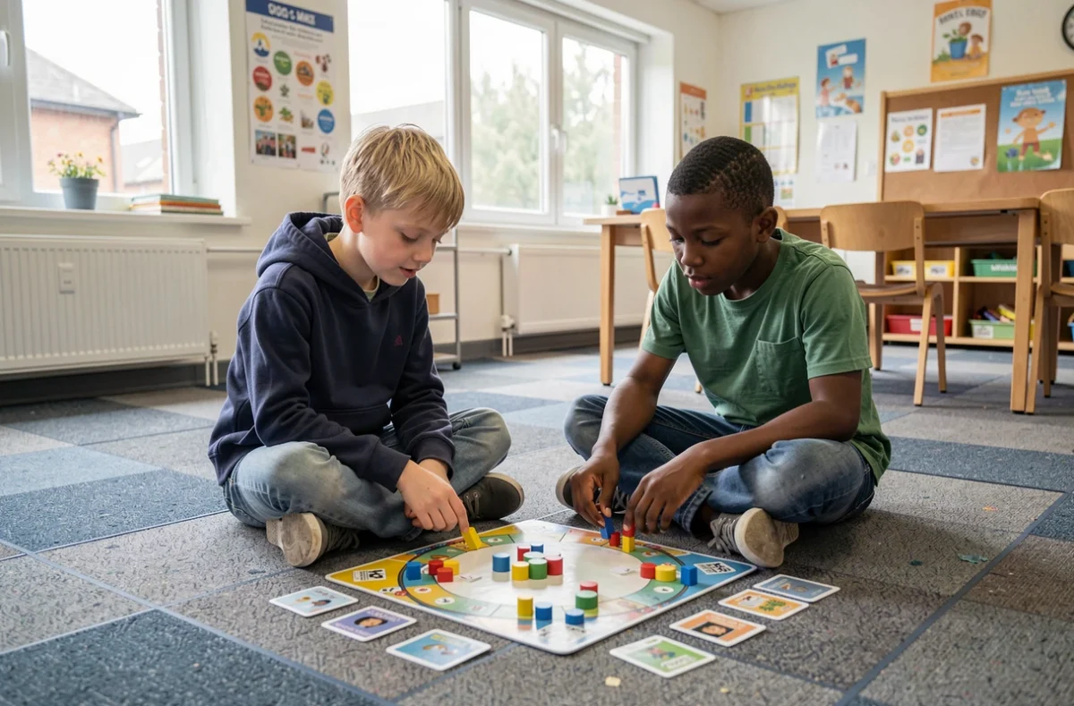 Deux garçons jouant à un jeu de société éducatif sur un tapis de classe, montrant la coopération et l'apprentissage ludique