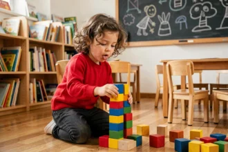 Jeune fille concentrée qui empile des blocs de bois colorés dans une salle de classe chaleureuse, illustrant l'apprentissage par le jeu