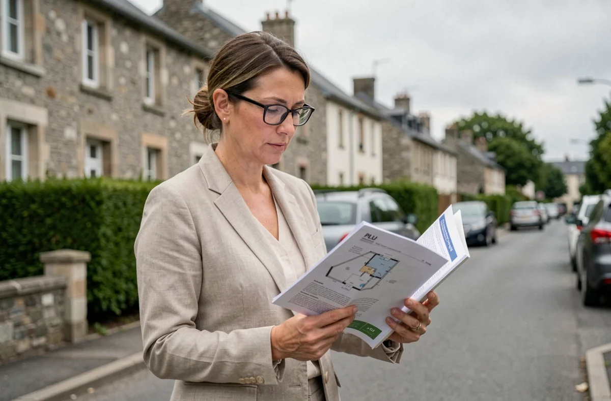 Architecte femme consultant un document PLU dans une rue résidentielle de banlieue française avec maisons en pierre