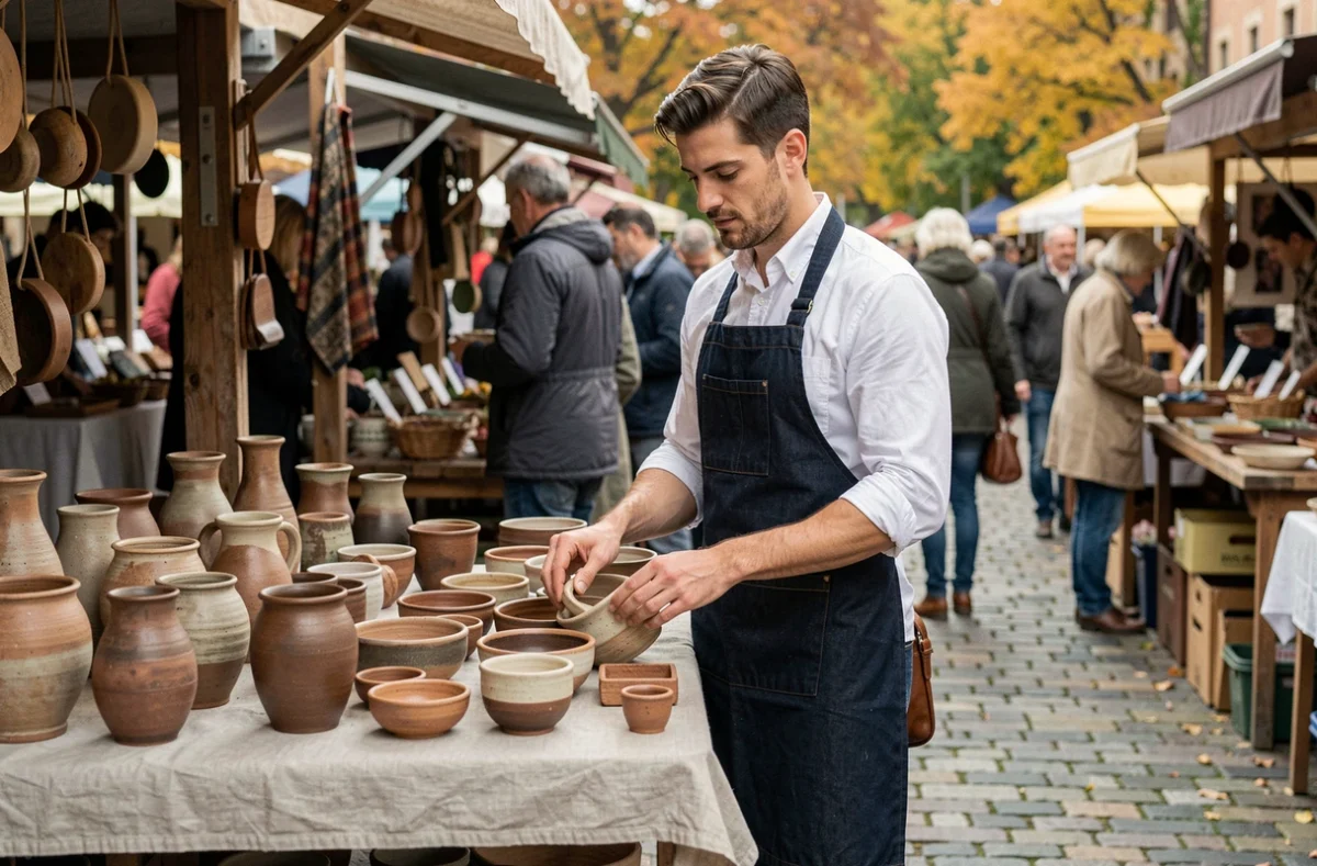 Artisan vendant ses créations artisanales sur un marché en plein air pour générer des revenus
