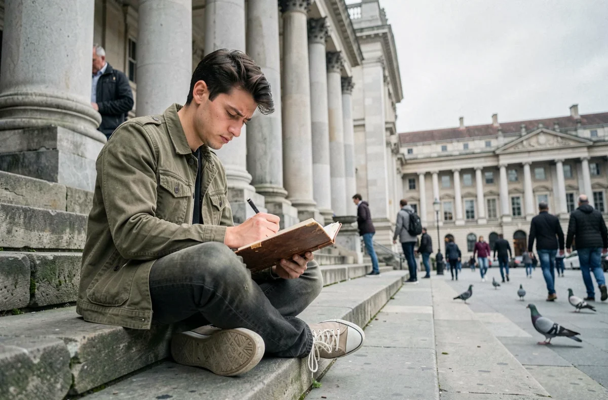 Jeune artiste dessinant devant un grand musée d'art classique en plein air