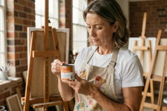 Artiste peintre examinant une boîte de peinture à l'huile de qualité professionnelle dans son atelier