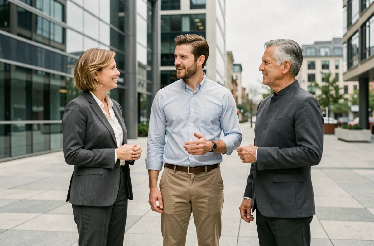 Groupe de collègues en tenues professionnelles variées dans un quartier d'affaires, illustrant la diversité des codes vestimentaires au travail