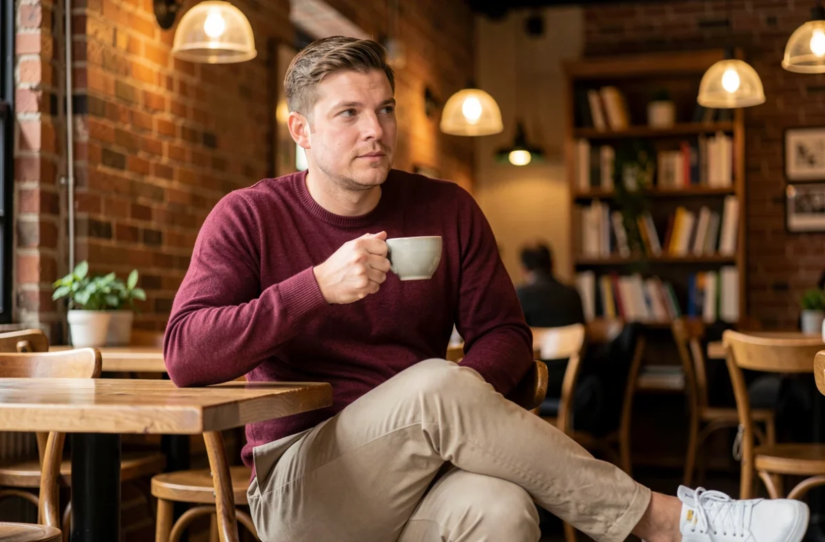 Homme en tenue smart casual dans un café, montrant un exemple d'aspect vestimentaire décontracté mais soigné