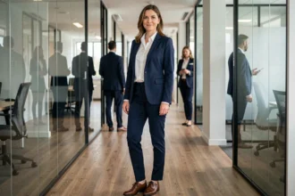 Femme en tenue professionnelle dans un couloir de bureau moderne, illustrant l'aspect vestimentaire en entreprise
