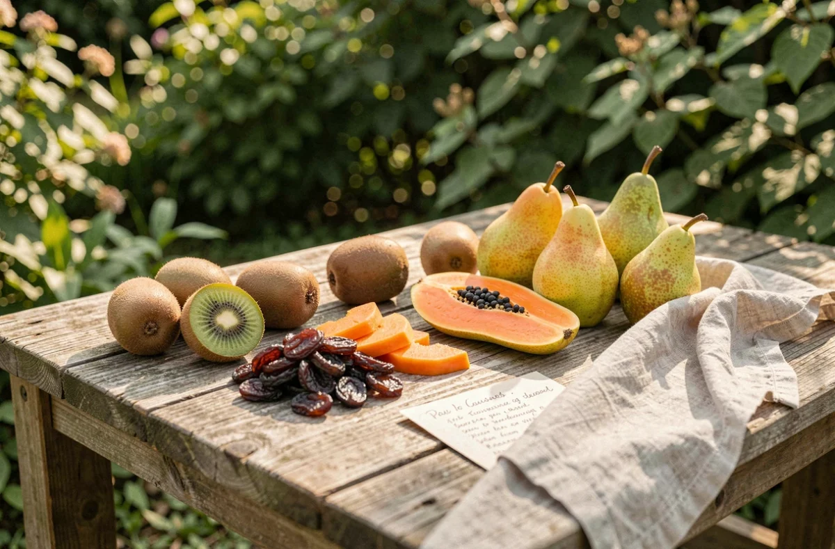 Assortiment de fruits laxatifs riches en fibres présentés sur une table en bois dans un jardin ensoleillé