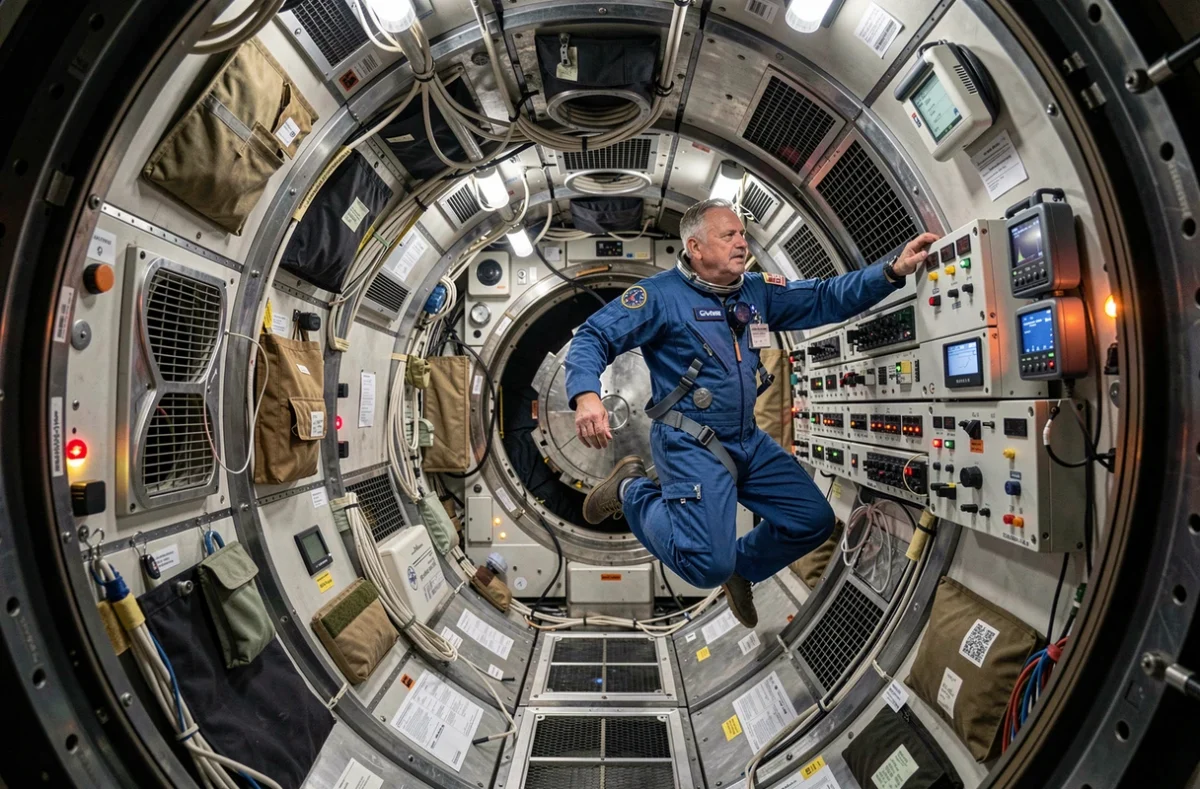 Astronaute en apesanteur dans un module de la Station Spatiale Internationale entouré de capteurs de radiation et d'équipements scientifiques