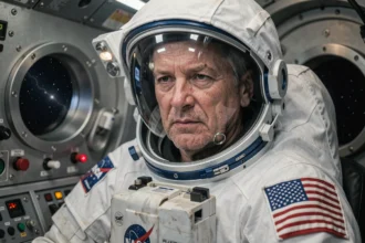 Astronaute en combinaison spatiale NASA assis dans une capsule spatiale, visière relevée, illustrant les conditions de vie en orbite et l'exposition aux radiations spatiales