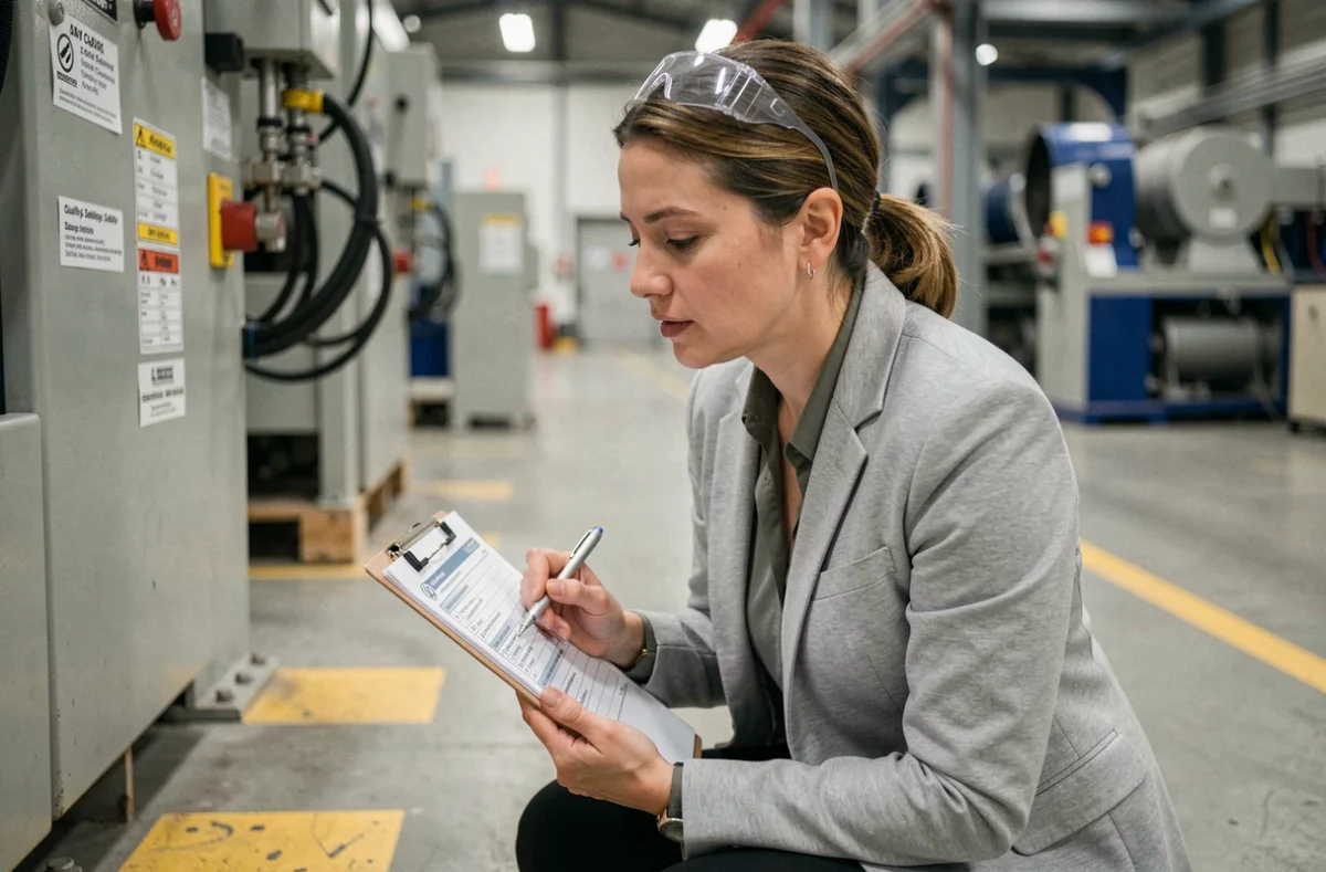Auditrice qualité inspectant une étiquette de certification ISO 45001 sur une machine industrielle en usine