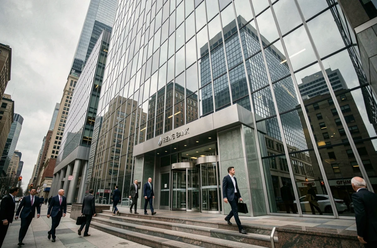 Façade d'une banque centrale dans un quartier financier urbain illustrant la politique monétaire