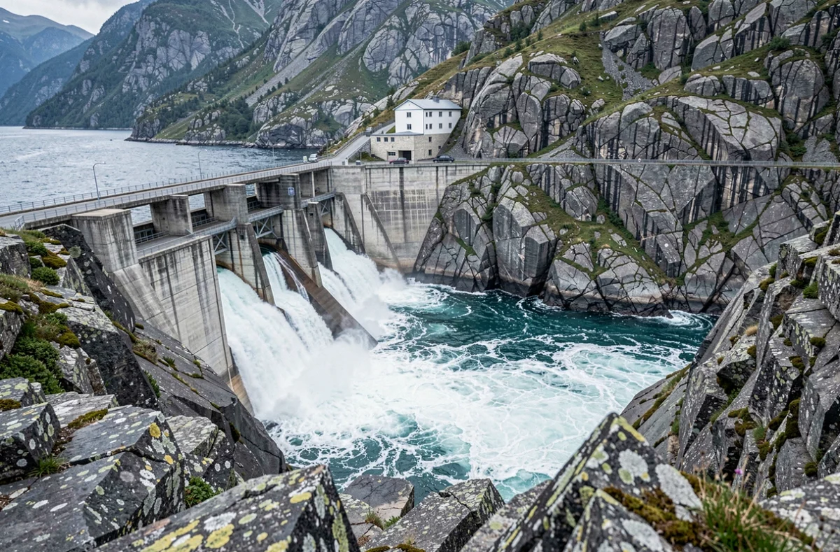Barrage hydroélectrique scandinave intégré dans un fjord rocheux, illustrant la production d'électricité 100% renouvelable