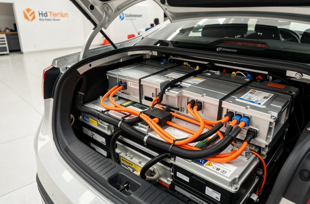 Batterie haute tension et câblage électrique d'une voiture hybride exposés dans le coffre, illustrant la complexité technique et les inconvénients liés aux coûts de remplacement