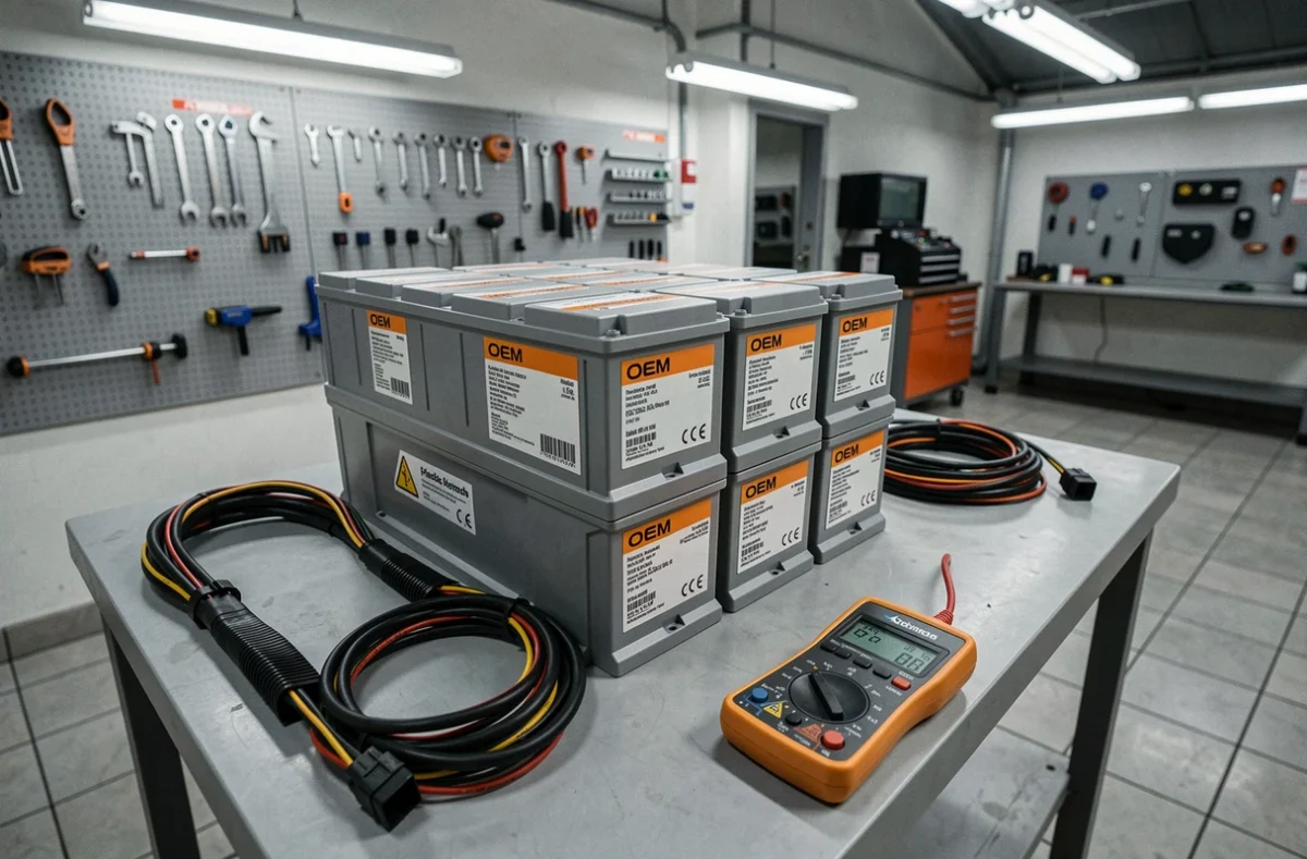 Batterie hybride neuve posée sur un établi d'atelier avec multimètre numérique