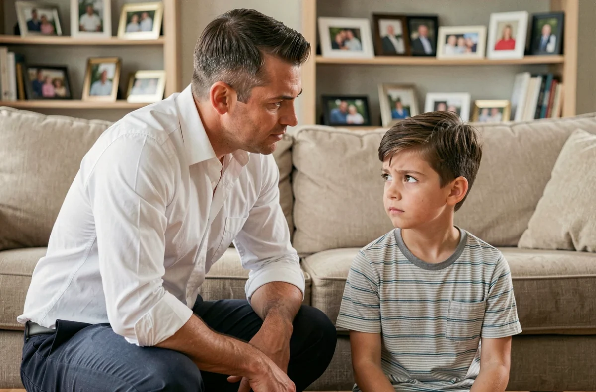 Beau-père accroupi face à un garçon de 10 ans dans un salon, illustrant la difficulté à créer un lien dans une famille recomposée