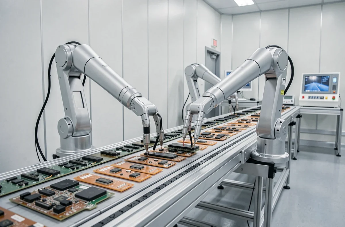 Bras robotiques autonomes assemblant des circuits électroniques dans un environnement industriel automatisé