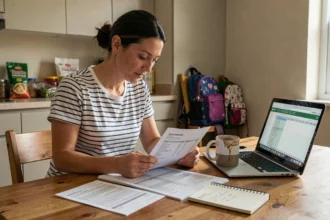 Mère de famille assise à la table de cuisine en train de calculer le budget mensuel familial avec des reçus et un ordinateur portable