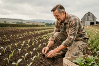 Agriculteur plantant des semis sur un terrain non constructible en milieu rural, idéal pour illustrer un business agricole ou maraîcher