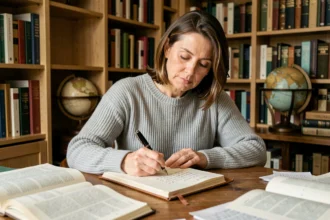 Femme écrivant une citation dans un journal en cuir entourée de livres dans une bibliothèque chaleureuse