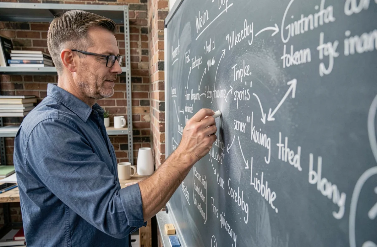 Homme devant un tableau noir avec des citations manuscrites dans un espace de travail créatif