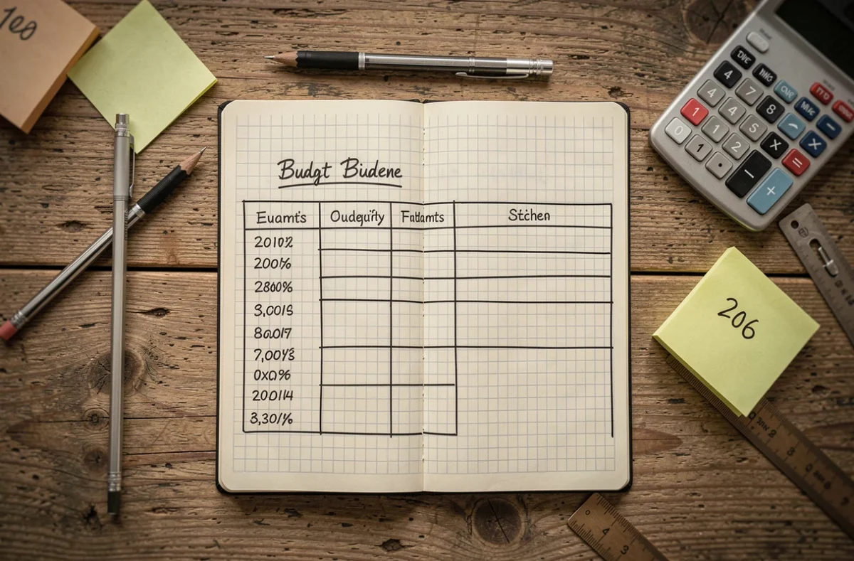 Vue de dessus d'un cahier avec un tableau de comptes fait à la main, entouré de fournitures de bureau