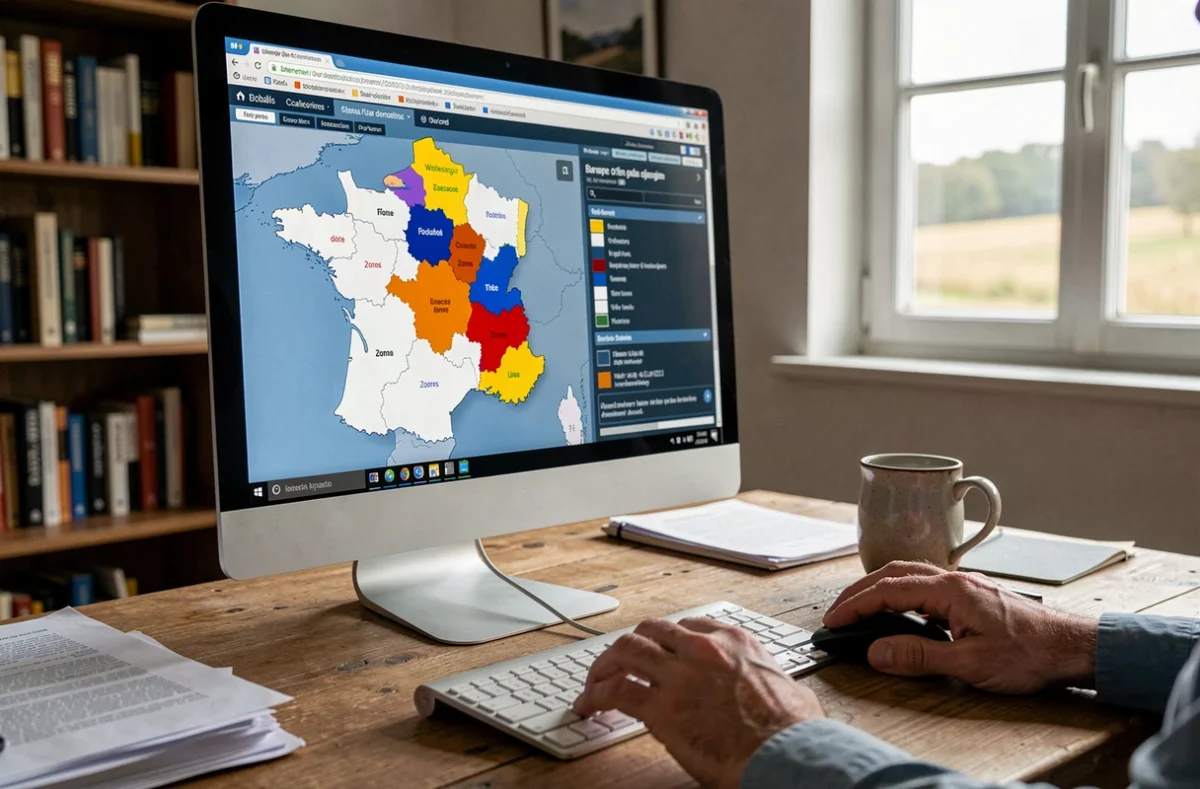Carte de zones blanches télécoms affichée sur un écran d'ordinateur dans un bureau à domicile rural