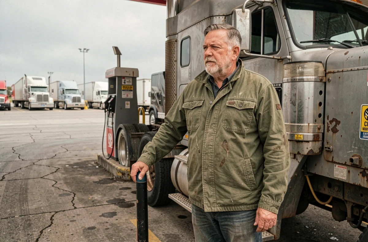 Chauffeur de camion diesel pensif à une station-service autoroutière, comparaison carburant diesel hydrogène