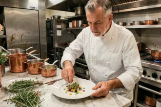Chef cuisinier français dressant un plat gastronomique dans une cuisine de restaurant étoilé