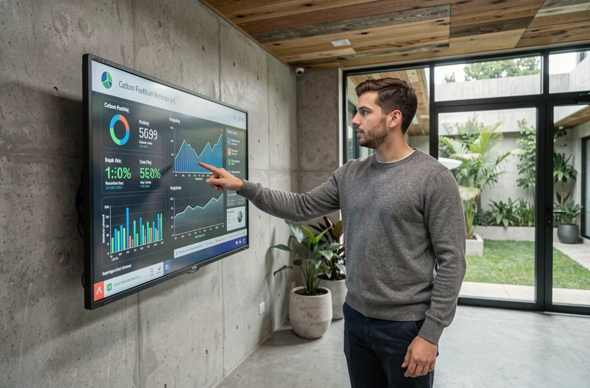 Chercheur présentant des données environnementales sur un écran interactif dans un centre de recherche en développement durable