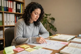 Chercheuse analysant des notes manuscrites pour identifier un thème émergent dans ses données qualitatives