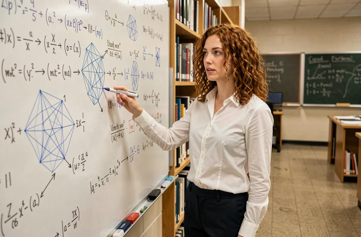 Chercheuse expliquant l'architecture et les paramètres d'un grand modèle de langage devant un tableau blanc universitaire