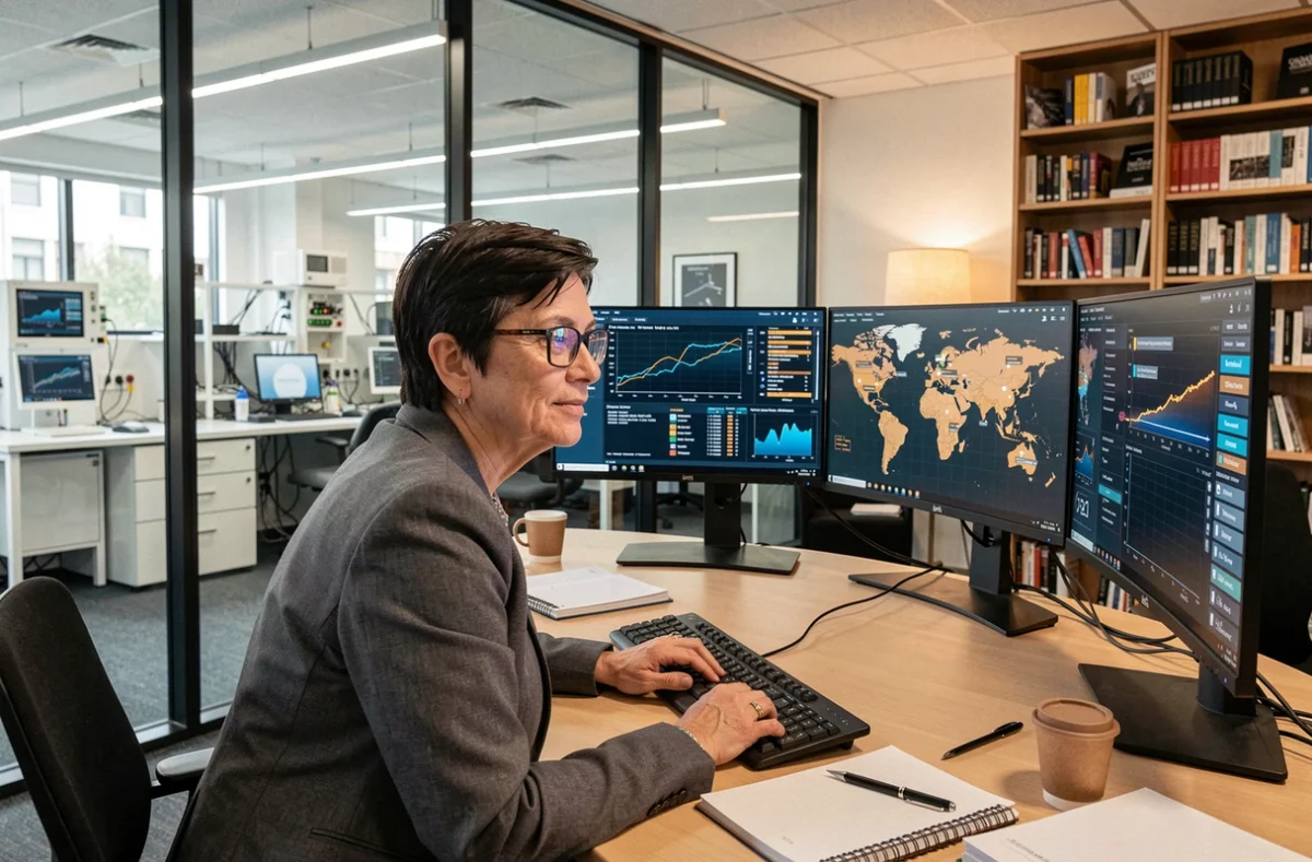 Chercheuse analysant des données comparatives sur les supercalculateurs mondiaux dans son bureau