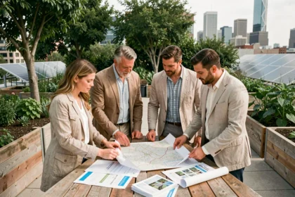 Groupe de professionnels collaborant autour de plans de développement durable sur un toit-jardin urbain
