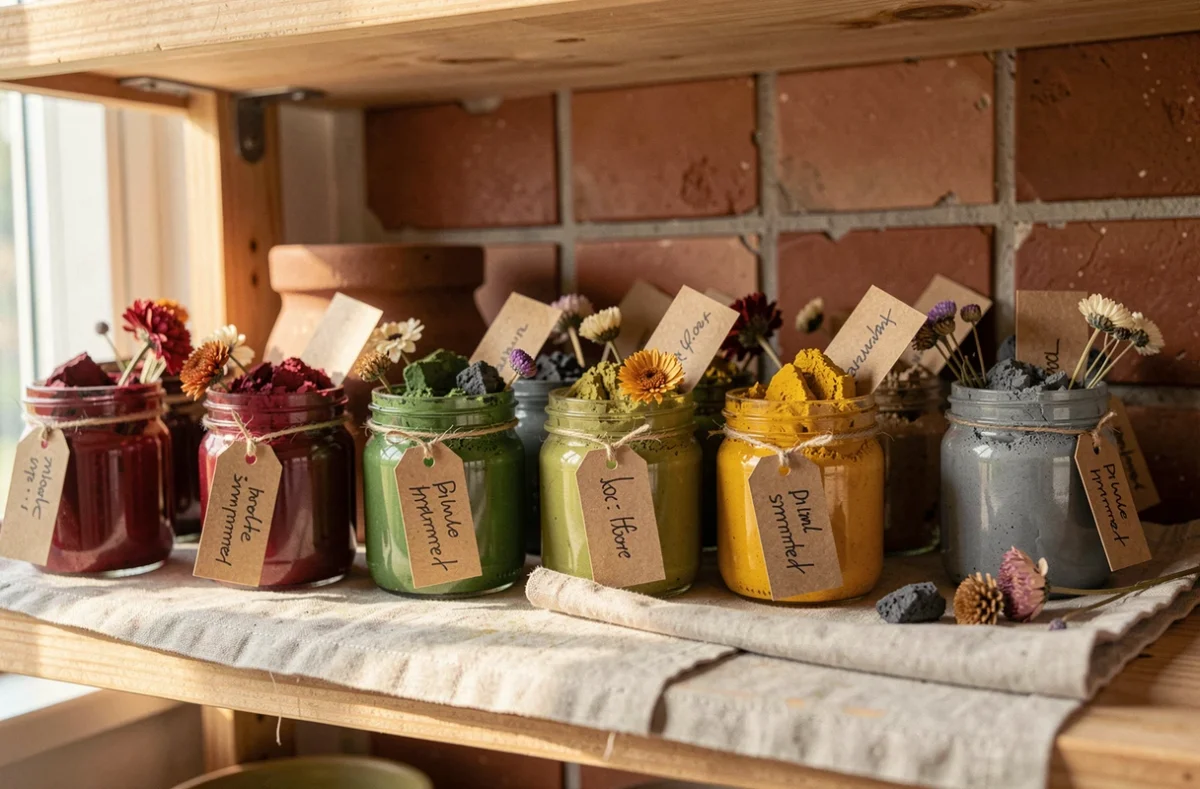 Collection de pots en verre remplis de peintures naturelles maison aux pigments végétaux et botaniques sur une étagère en bois