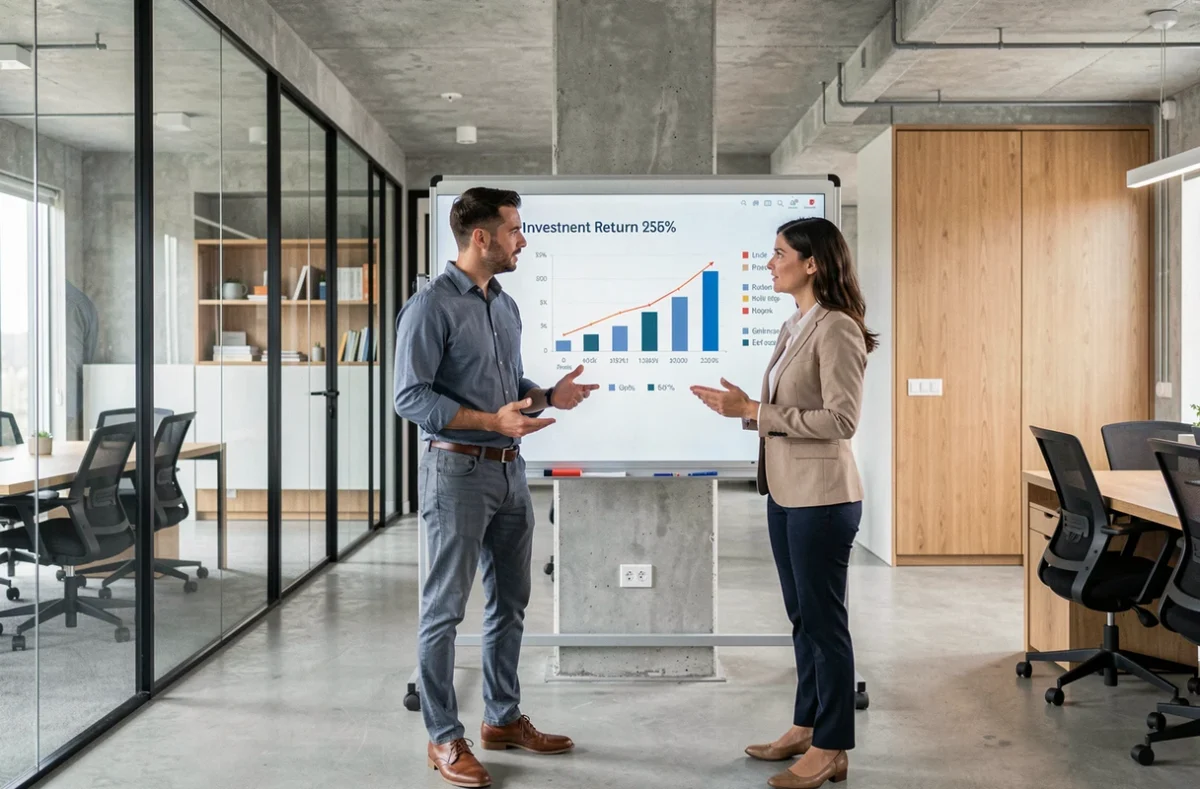 Deux collègues dans un bureau moderne discutant de graphiques de rendement devant un tableau blanc, représentant les stratégies de placement financier sans risques