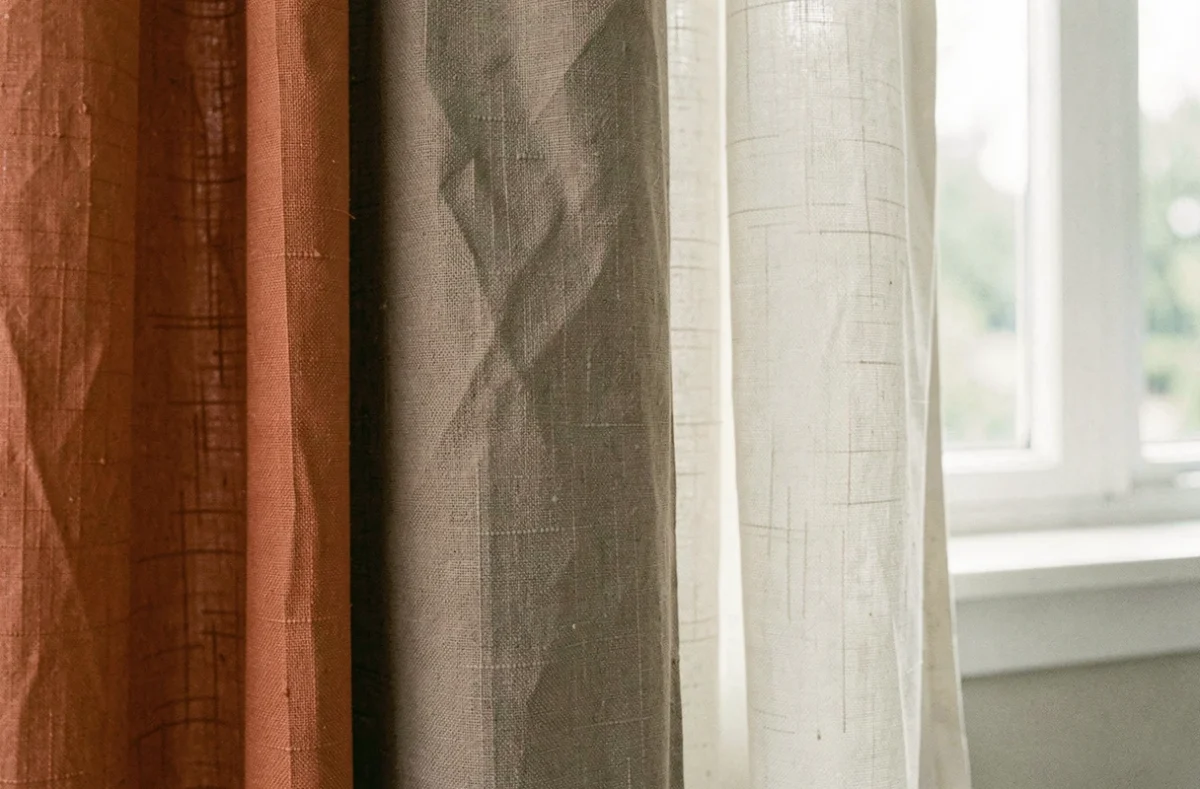 Comparaison de rideaux de chambre en terracotta, taupe et blanc cassé montrant les textures et associations de couleurs