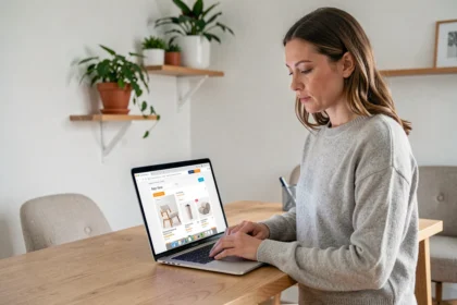 Femme comparant des sites e-commerce concurrents comme Cdiscount sur un ordinateur portable dans un bureau moderne