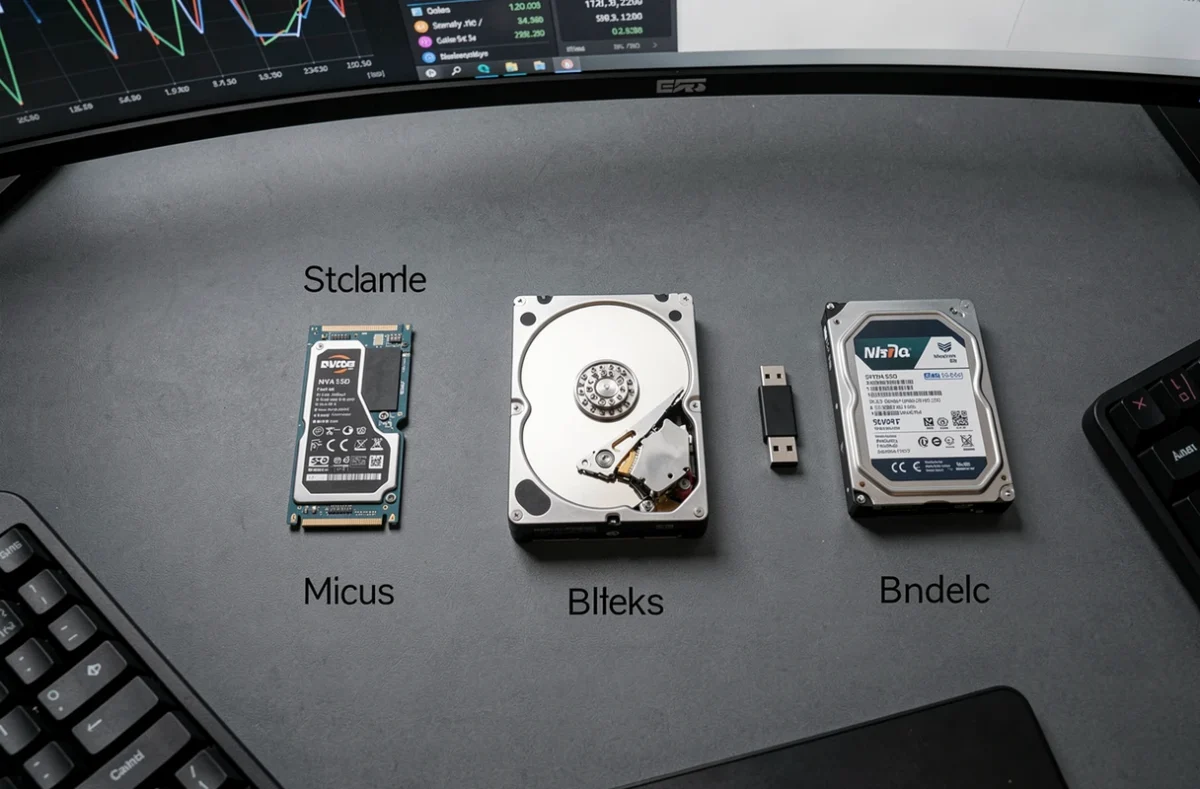 Comparaison de différents types de stockage informatique posés sur un bureau : NVMe, SSD, HDD et clé USB