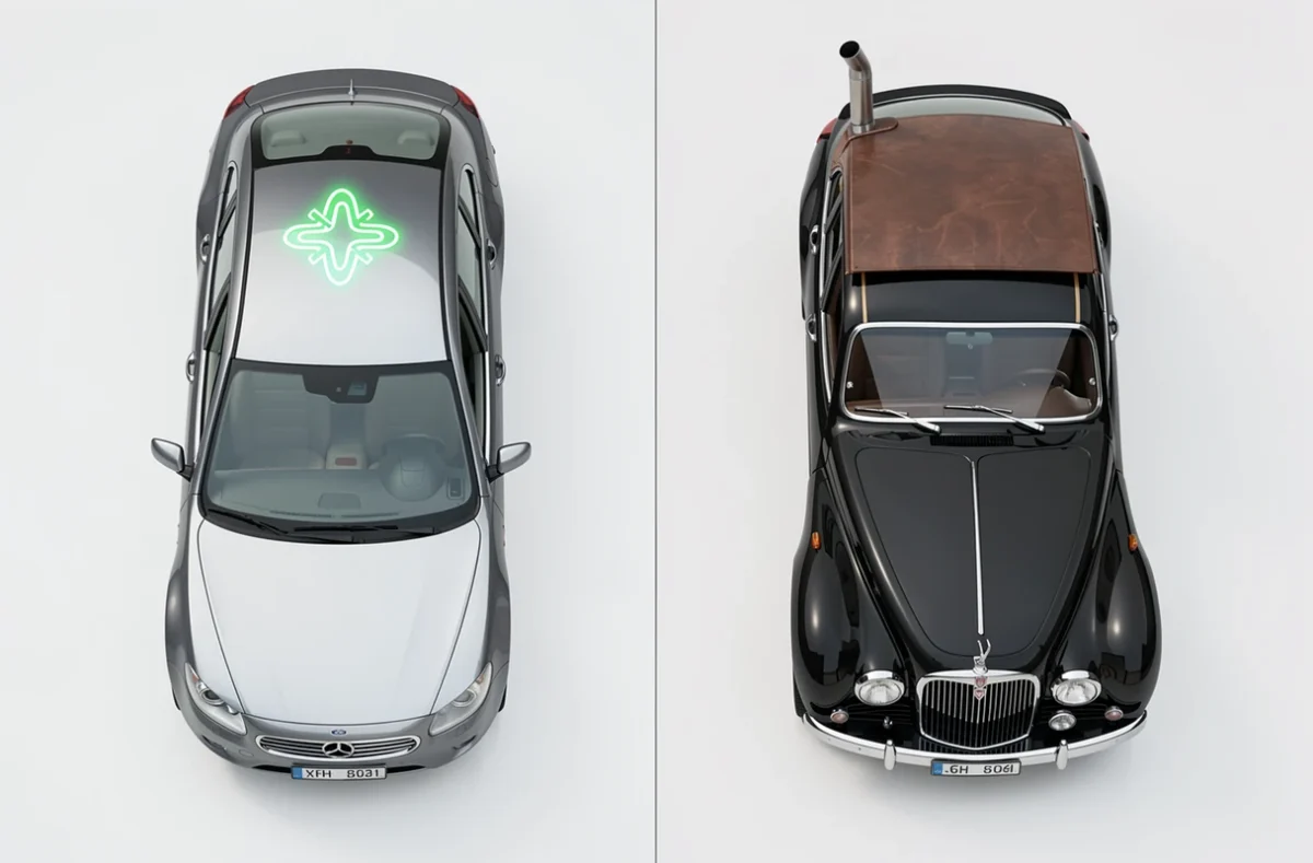 Vue aérienne comparative d'un véhicule hydrogène et d'un véhicule diesel côte à côte sur fond blanc
