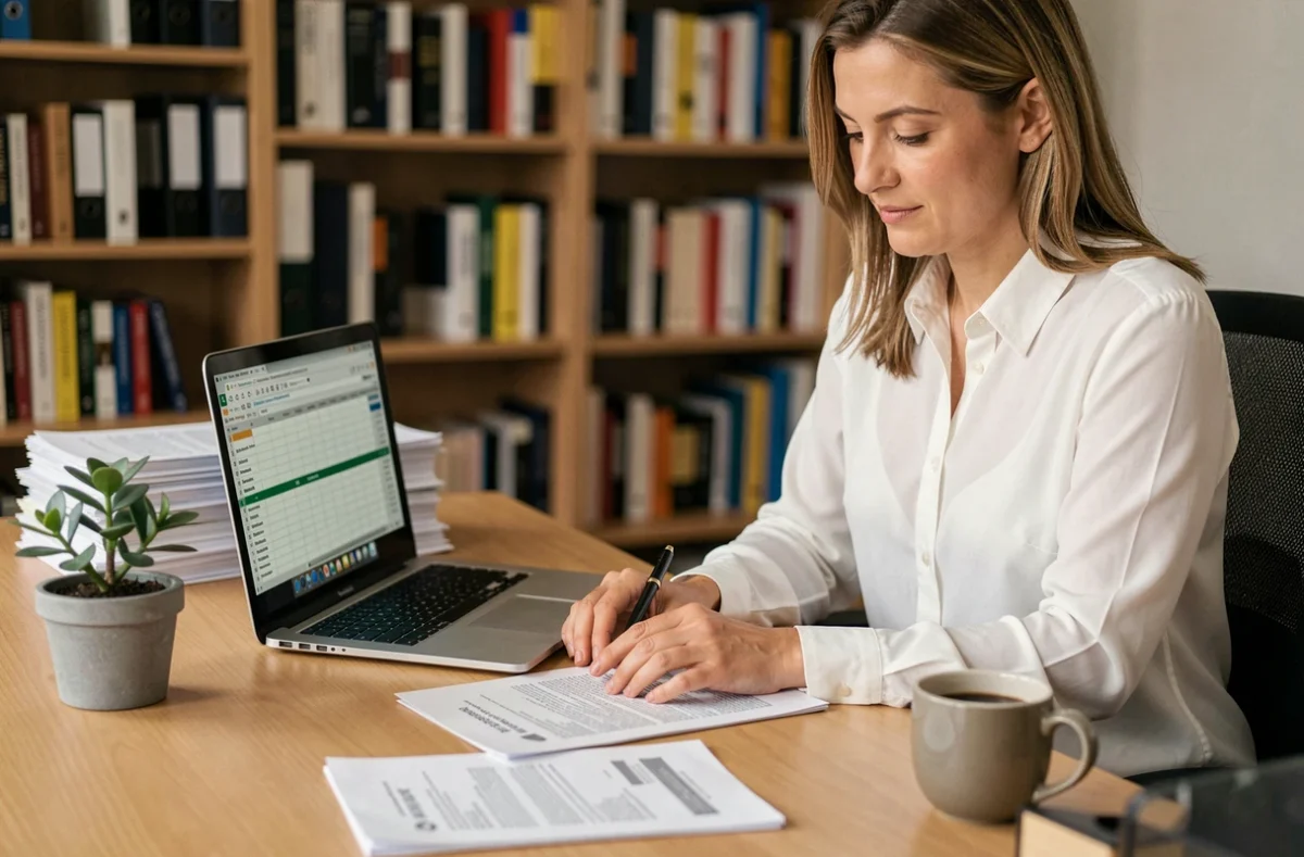 Comptable analysant des documents fiscaux liés à la déclaration de revenus issus de panneaux solaires photovoltaïques